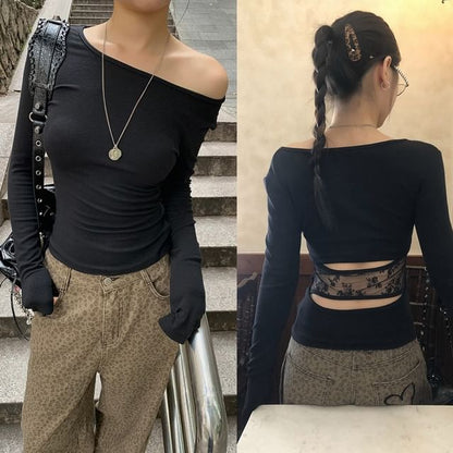 Lace Cutout Round-Neck Long-Sleeve Top