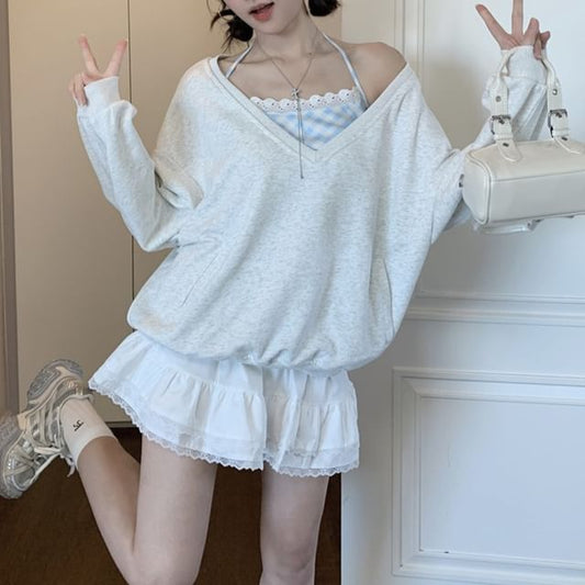 Melange Sweatshirt & Halter Gingham Camisole & Tiered Mini Skirt