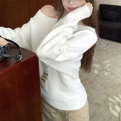 Boat Neck Solid Sweater and Baggy High Waist Pants
