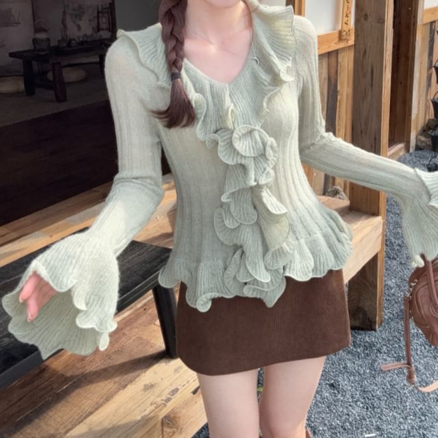 Ruffled Ribbed Knit Long Sleeve Solid Top