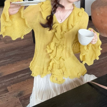 Ruffled Ribbed Knit Long Sleeve Solid Top