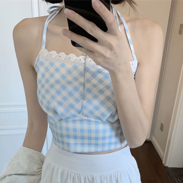 Melange Sweatshirt & Halter Gingham Camisole & Tiered Mini Skirt