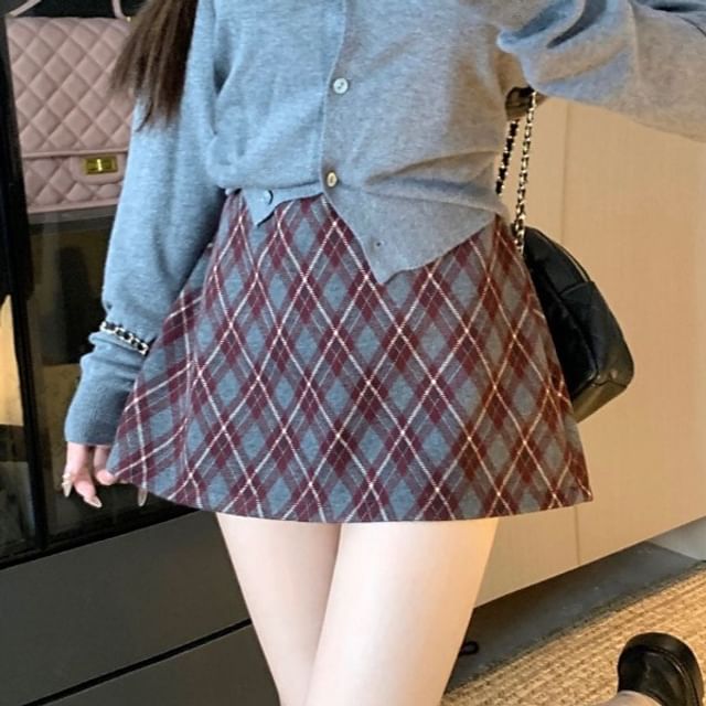 High Rise Plaid A-Line Mini Skirt