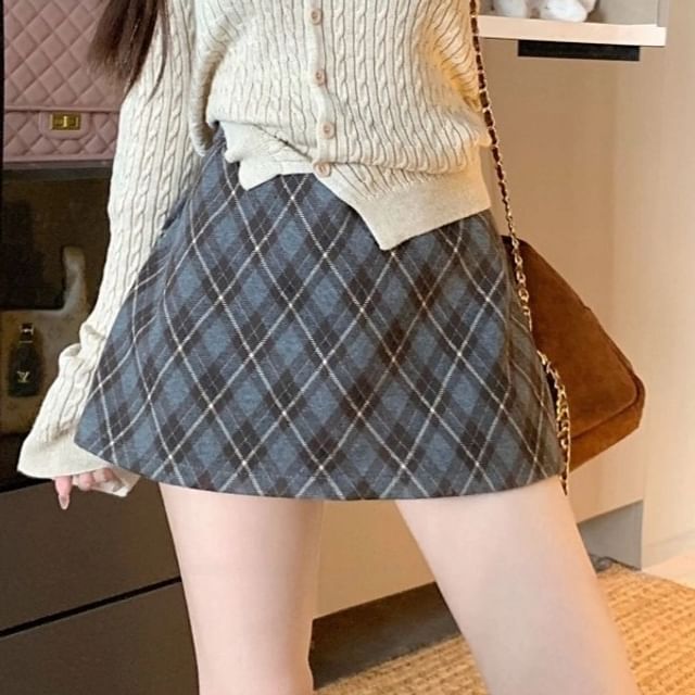 High Rise Plaid A-Line Mini Skirt