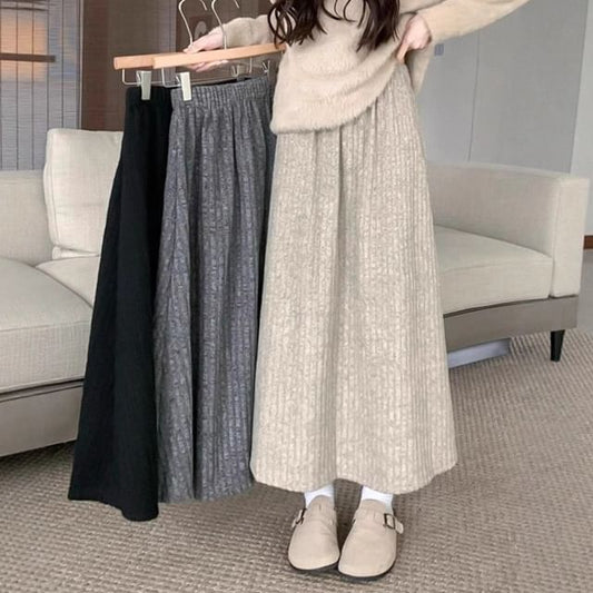 Ribbed Fleece-Lined Midi A-Line Skirt with Elastic Waist