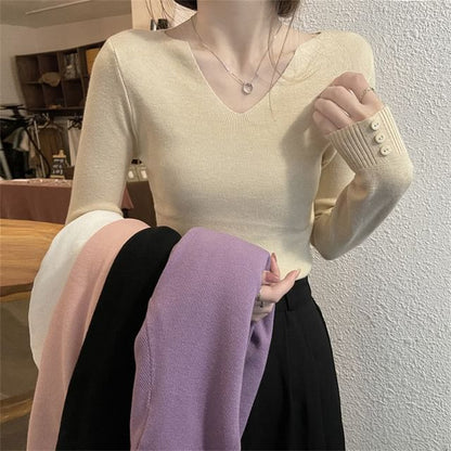 Notch Neck Ribbed Knit Long Sleeve Solid Top