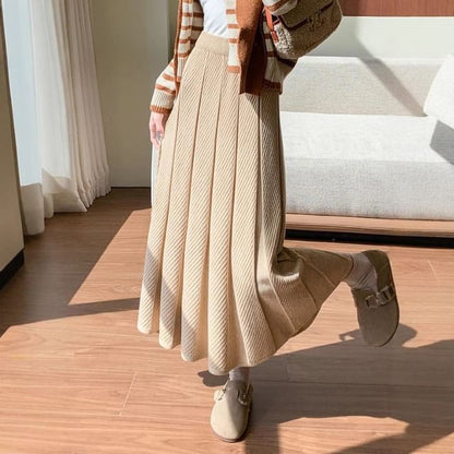 Pleated Midi A-Line Knit Skirt with High Waist