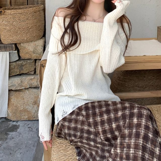 Distressed Ribbed Knit Off Shoulder Long Sleeve Top