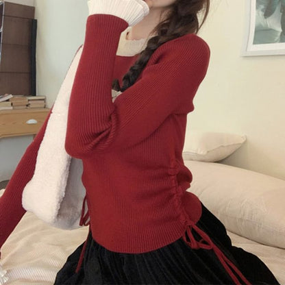 Drawstring Ribbed Knit Crew Neck Long Sleeve Top