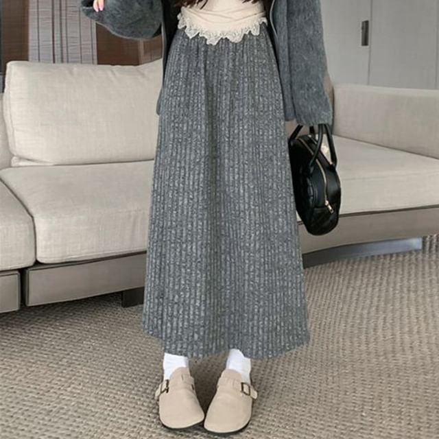 Ribbed Fleece-Lined Midi A-Line Skirt with Elastic Waist