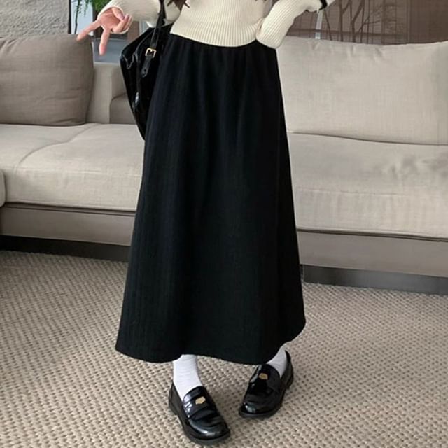 Ribbed Fleece-Lined Midi A-Line Skirt with Elastic Waist