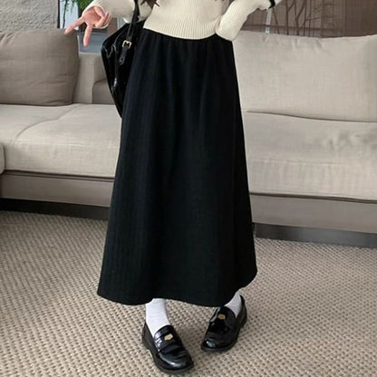 Ribbed Fleece-Lined Midi A-Line Skirt with Elastic Waist