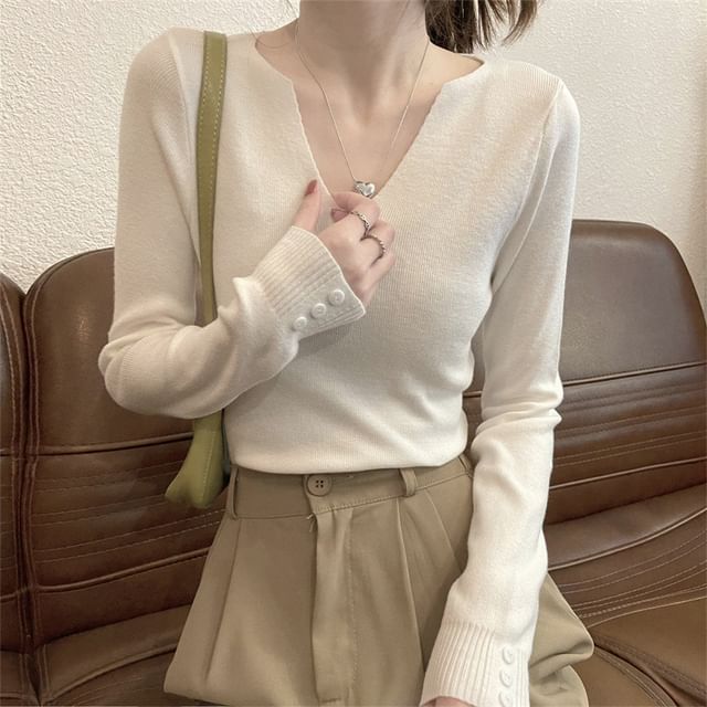 Notch Neck Ribbed Knit Long Sleeve Solid Top