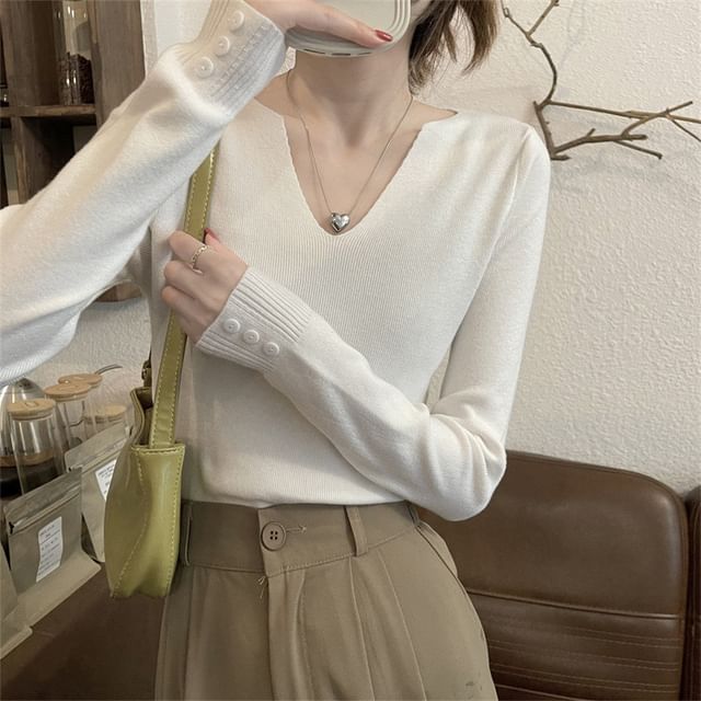Notch Neck Ribbed Knit Long Sleeve Solid Top
