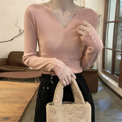 Notch Neck Ribbed Knit Long Sleeve Solid Top