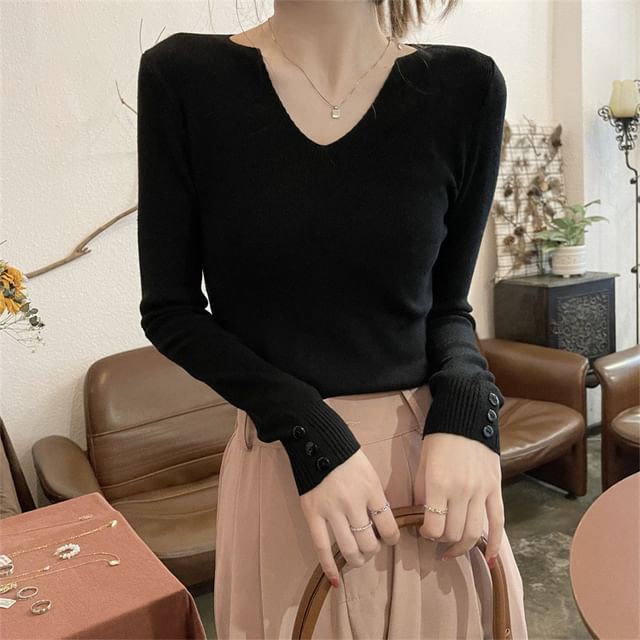Notch Neck Ribbed Knit Long Sleeve Solid Top