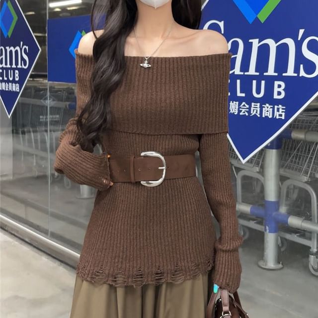 Distressed Ribbed Knit Off Shoulder Long Sleeve Top