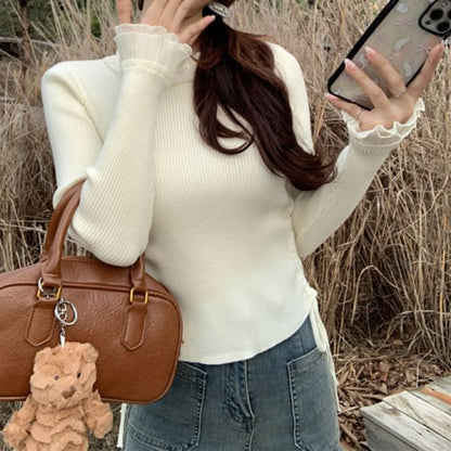 Drawstring Ribbed Knit Crew Neck Long Sleeve Top