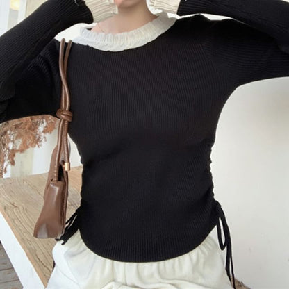 Drawstring Ribbed Knit Crew Neck Long Sleeve Top