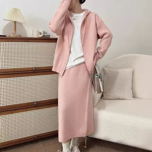 Zip-Up Cardigan + High Waist Maxi Skirt Set