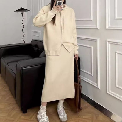 Zip-Up Cardigan + High Waist Maxi Skirt Set
