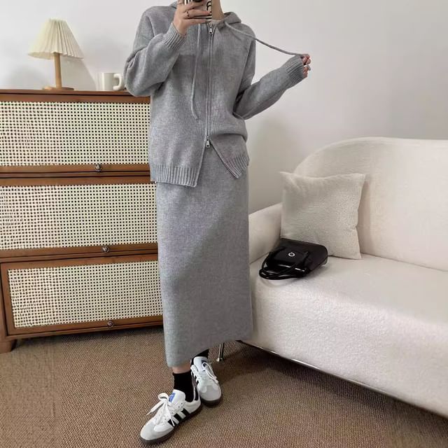 Zip-Up Cardigan + High Waist Maxi Skirt Set