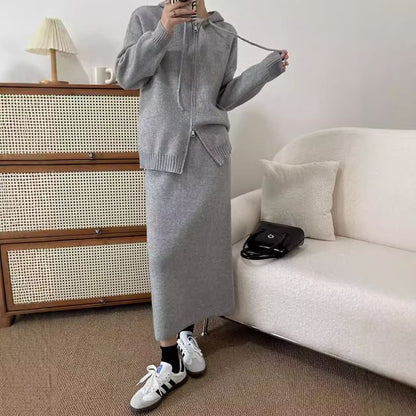 Zip-Up Cardigan + High Waist Maxi Skirt Set