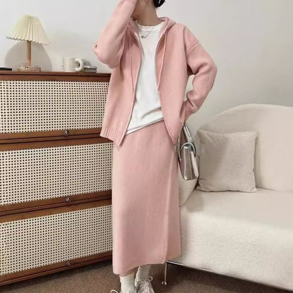 Zip-Up Cardigan + High Waist Maxi Skirt Set