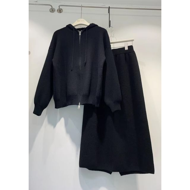 Zip-Up Cardigan + High Waist Maxi Skirt Set