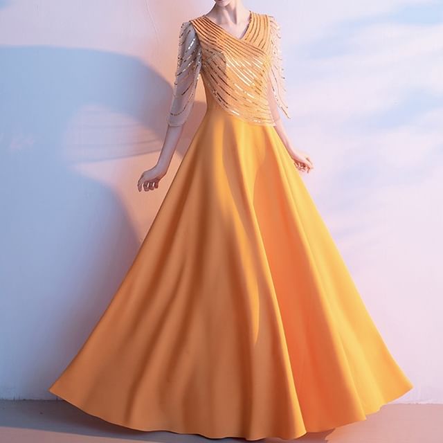Evening Gown V-Neck 3/4-Sleeve Sequin A-Line