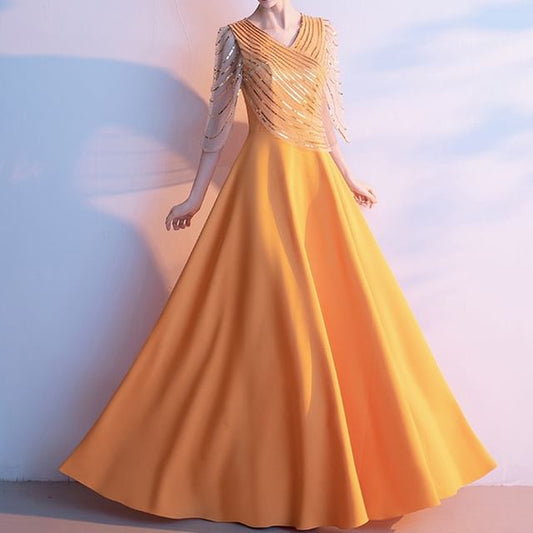 Evening Gown V-Neck 3/4-Sleeve Sequin A-Line