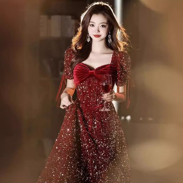 Puff-Sleeve V-Neck Sequin Bow Accent A-Line Evening Gown