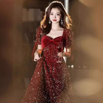 Puff-Sleeve V-Neck Sequin Bow Accent A-Line Evening Gown