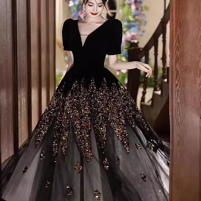 Puff-Sleeve V-Neck Sequin A-Line Evening Gown