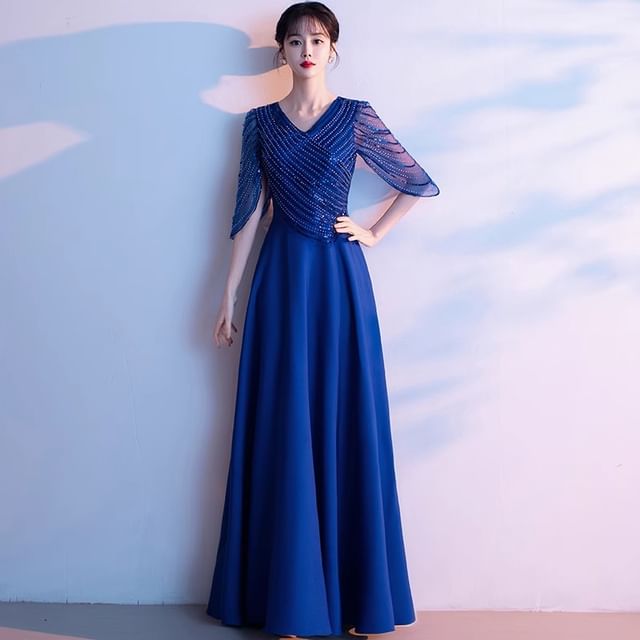 3/4-Sleeve V-Neck Sequin A-Line Evening Gown
