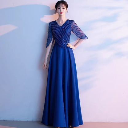 3/4-Sleeve V-Neck Sequin A-Line Evening Gown