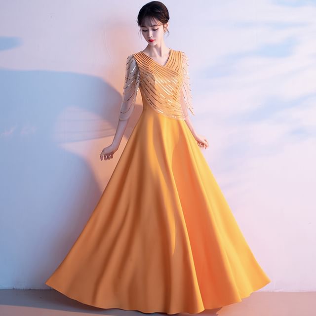 3/4-Sleeve V-Neck Sequin A-Line Evening Gown