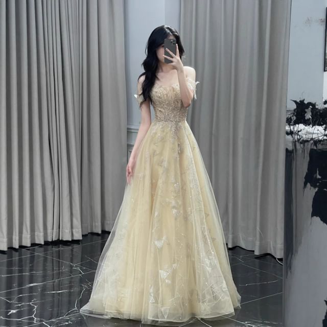 Gown A-Line Off-Shoulder Sequin Evening