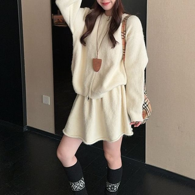 Round Neck Zip Cardigan + Knit A-Line Mini Skirt Set