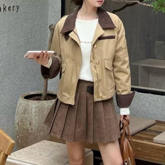 Two Tone Corduroy Barn Jacket + Plaid Pleated A-Line Skirt