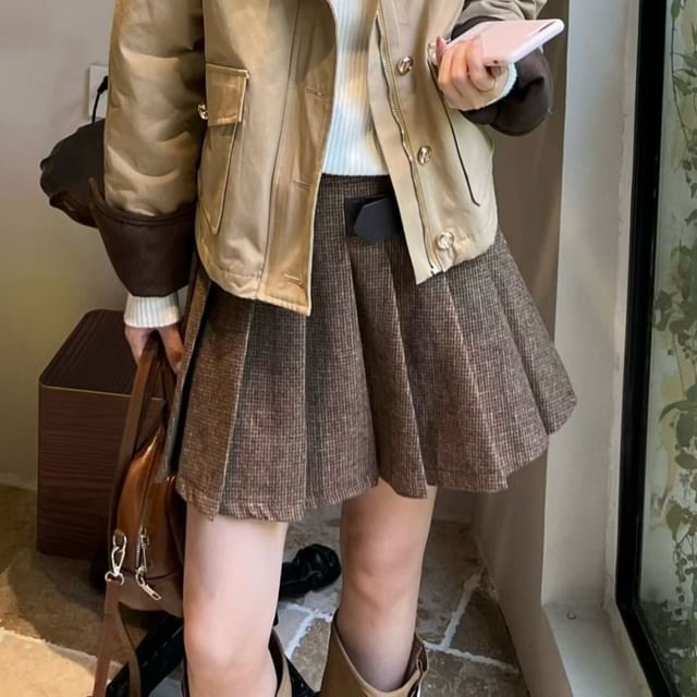 Two Tone Corduroy Barn Jacket + Plaid Pleated A-Line Skirt