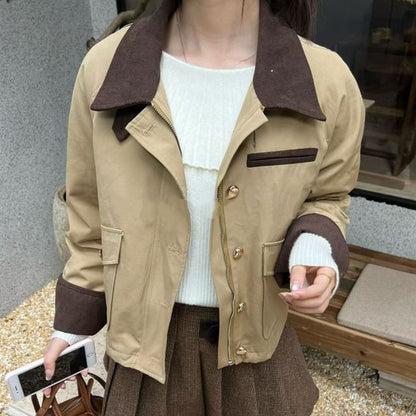 Two Tone Corduroy Barn Jacket + Plaid Pleated A-Line Skirt