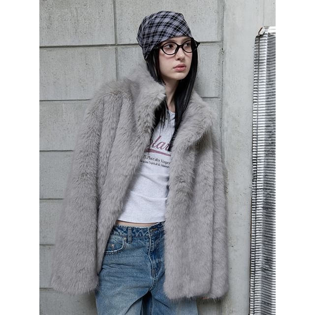 High-Neck Eco-Fur Jacket (Gray)