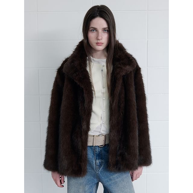 High-Neck Eco-Fur Jacket (Brown)