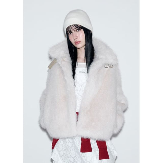 Belt-Neck Eco-Fur Jacket (Ivory)