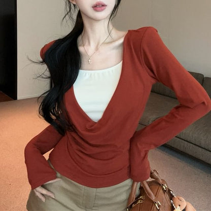 Two-Tone Layered V-Neck Long Sleeve Tee