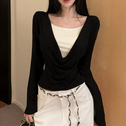 Two-Tone Layered V-Neck Long Sleeve Tee