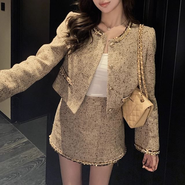 Sequin Trim Tweed Crop Jacket + A-Line Skirt