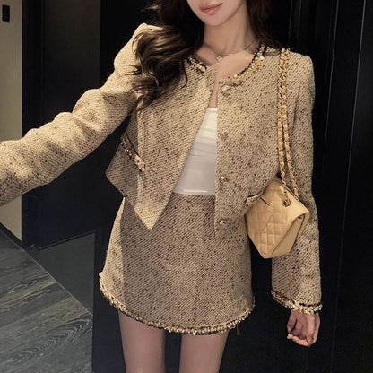 Sequin Trim Tweed Crop Jacket + A-Line Skirt