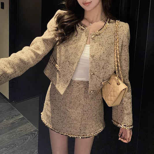 Sequin Trim Tweed Crop Jacket + A-Line Skirt